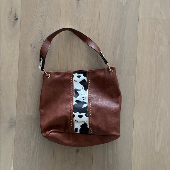 Handbags - Brown Leather Tote Bag with Cow Print Accent
